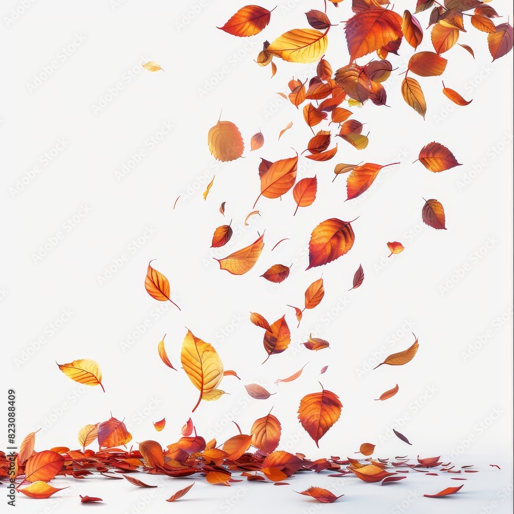 A gentle breeze dances with colorful leaves in the autumn scenery isolated on white background. Generative AI. A gentle breeze dances with colorful leaves in the autumn scenery isolated on white background. Generative AI.