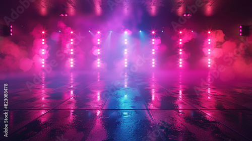 Colorful stage lights illuminate a misty, reflective floor, creating a dynamic and atmospheric scene perfect for performances.