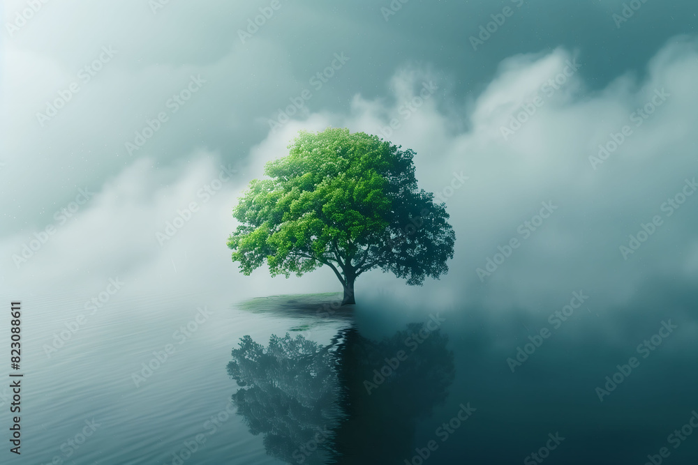 A solitary tree with lush green leaves stands in the middle of a calm, misty body of water, reflecting perfectly on the surface A solitary tree with lush green leaves stands in the middle of a calm, misty body of water, reflecting perfectly on the surface
