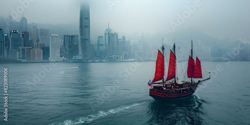 Iconic redsailed junk boat glides past Hong Kongs skyline delighting tourists. Concept Travel, Photography, Iconic Landmarks, Hong Kong, Tourism