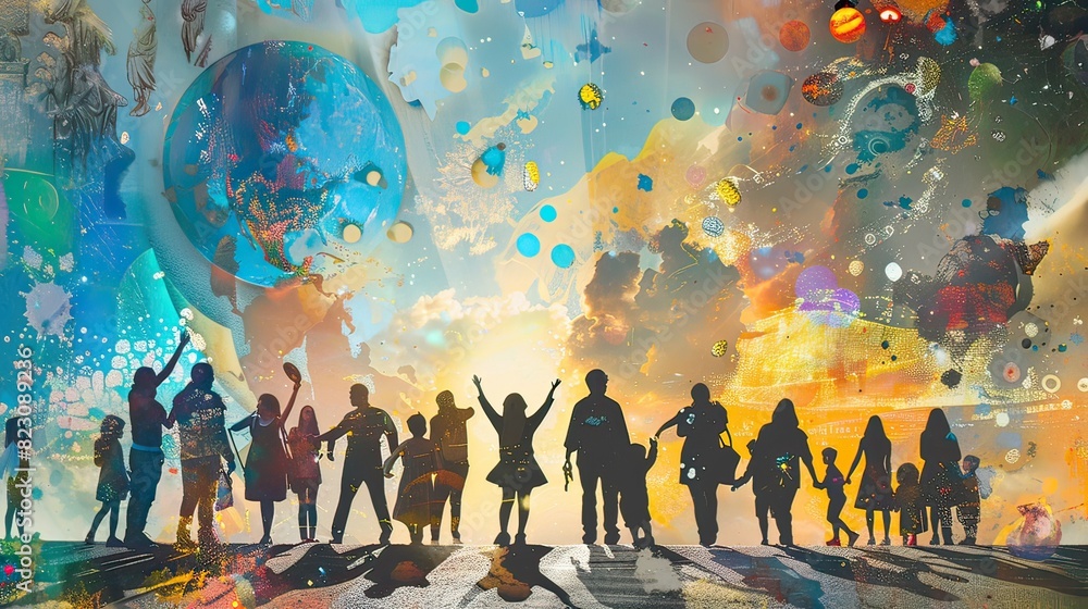 Diverse group of people against a backdrop of surreal elements, digital collage, bright and imaginative, celebrating global unity Diverse group of people against a backdrop of surreal elements, digital collage, bright and imaginative, celebrating global unity