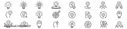 Idea icon set. Creative, business, solution, brainstorming, innovation, Lightbulb, brain, meeting, thinking and management. Editable stroke icons collection vector illustration. 
