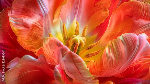 A close-up of a blooming tulip showcases its vibrant red and yellow petals.