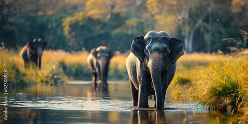 Majestic Elephants Roaming Serene Riverbanks Amidst Lush Tropical Forest Landscape