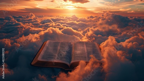 Christian book open to Psalms, surrounded by fluffy clouds and golden light, heavenly peace, ultimate relaxation photo