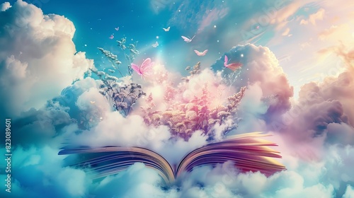 An open book with mystical stories emerging, filled with fairies and magical creatures, surrounded by soft, fluffy clouds