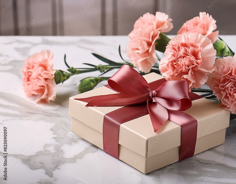 Handcrafted Elegance: Giftbox with Carnations and Red Ribbon, Close-Up Handcrafted Elegance: Giftbox with Carnations and Red Ribbon, Close-Up