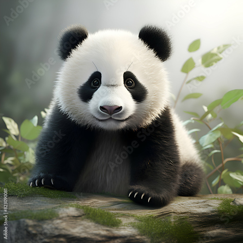 Panda bear sitting on a rock in the forest. 3d illustration photo