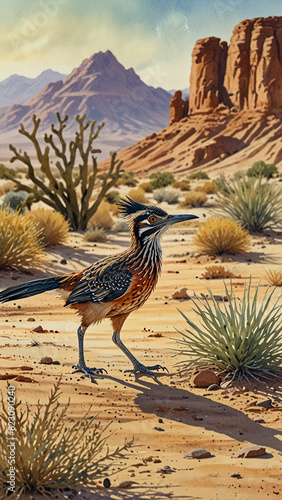 Watercolor painting: A desert wildlife scene, featuring a roadrunner, a lizard, and a desert fox interacting in their arid habitat.