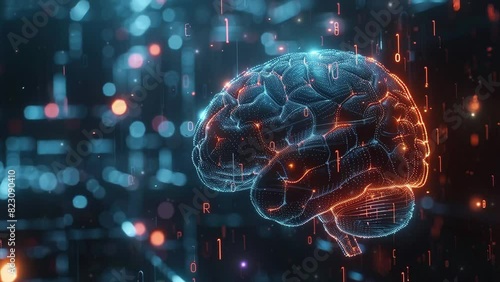 Brain anatomy. Human brain animation. Neuronal activity in the human brain. Science showing the human brain against a background of burning lights. Human brain hologram. Brain futuristic. AI. 4K 