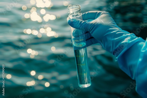 Water sample. Hand in glove holding a test tube of clear water. Concept - water purity analysis, environment, ecology. Water testing for infections, permission to swim