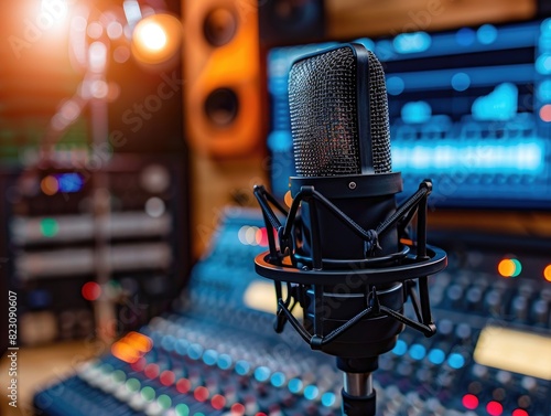 Close up of microphone, mixing console and keyboard