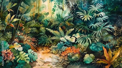 Lush tropical forest with vibrant plants and sunlight filtering through  creating a serene and exotic nature scene.