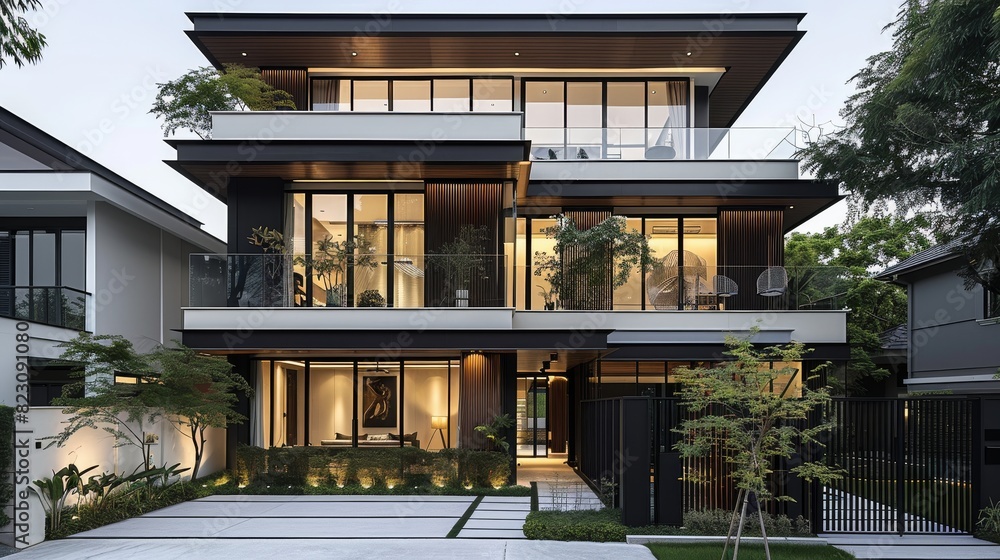 Fototapeta premium Modern two-story villa minimalist style villa exterior, double story, glass curtain wall, black metal fence and wooden gate, front view. Generative AI.