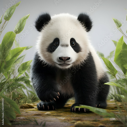 Panda bear sitting on a rock in the forest. 3d illustration photo