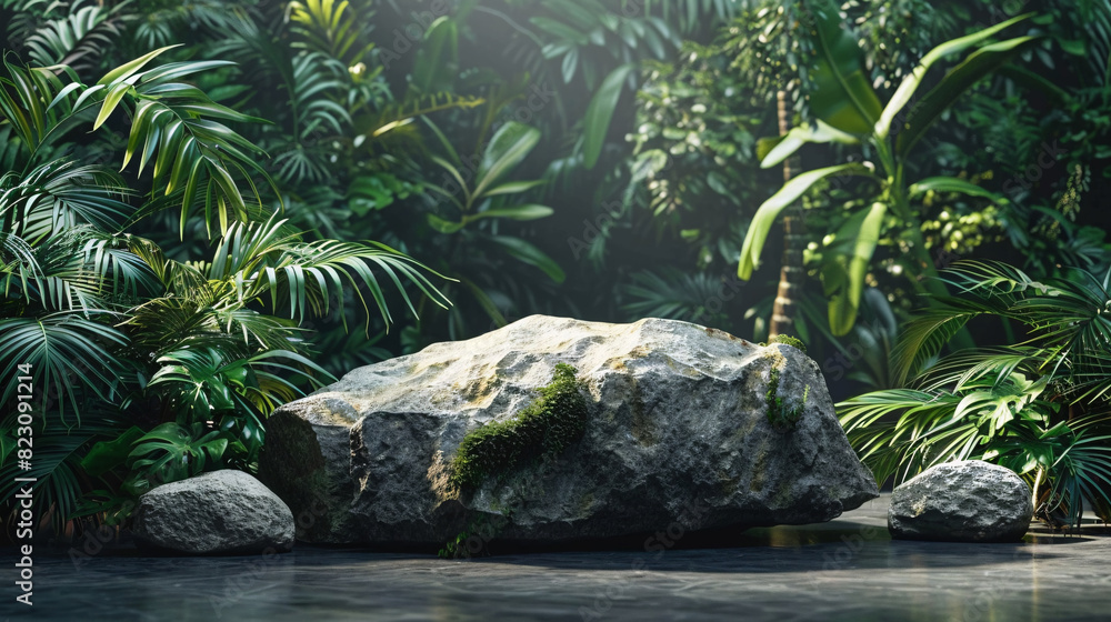 Minimalist mockup with a stone platform and lush greenery, ideal for cosmetic advertising Minimalist mockup with a stone platform and lush greenery, ideal for cosmetic advertising