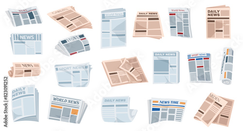 Folded newspapers. Periodical printing products, daily news and sport. Modern news publications. Newspapers folded in half, open newspaper.