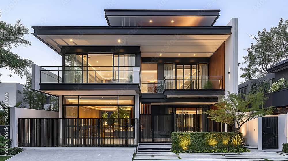Fototapeta premium Modern two-story villa minimalist style villa exterior, double story, glass curtain wall, black metal fence and wooden gate, front view. Generative AI.