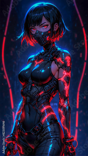 Portrait of an anime style cyberpunk female ninja warrior on a dark moody and atmospheric background © The A.I Studio
