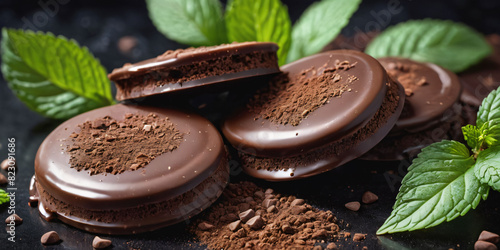 Symbols of birthday celebration:Mint chocolate, peppermint patties, chocolate ganache drip, mint leaves, after eight segments, cocoa dust photo