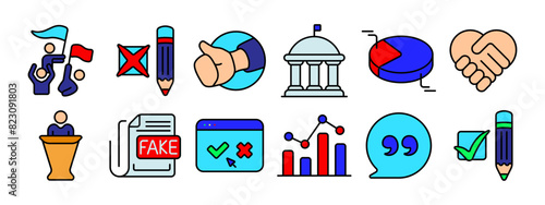 Politics set icon. Voting, debate, political campaign, handshake, government building, pie chart, ballot, exit poll, protest, podium, check mark, statistics, democracy, election concept.