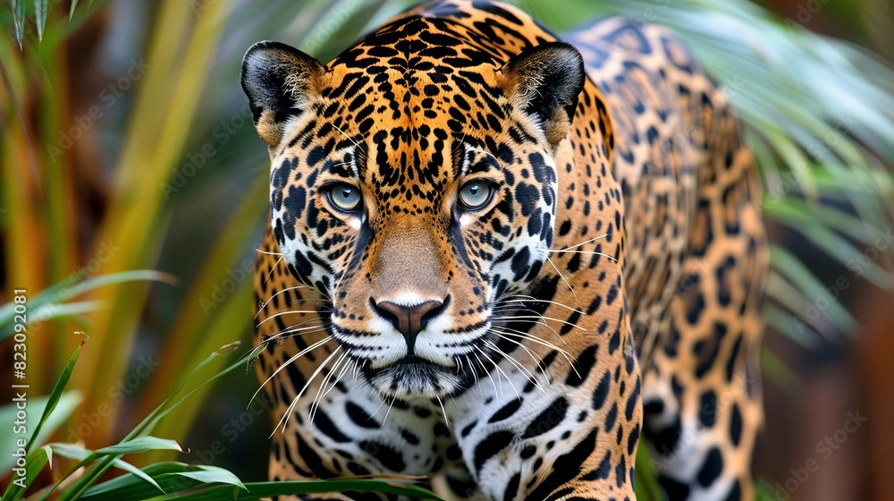 Jaguar stealthily moving through lush jungle thicket environment, blending into the dense foliage Jaguar stealthily moving through lush jungle thicket environment, blending into the dense foliage