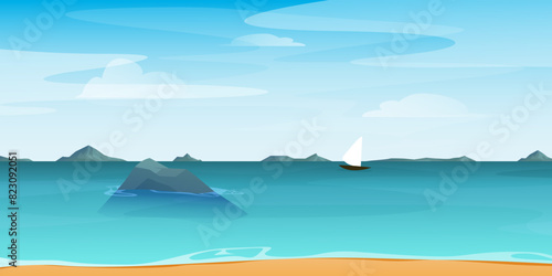 Cartoon summer beach. Paradise nature vacation, ocean or sea seashore. Tropical beach landscape with palm trees, golden sand and rocks in blue water.