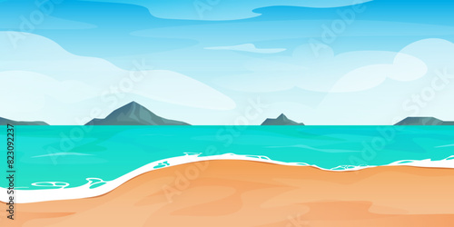 Cartoon summer beach. Paradise nature vacation, ocean or sea seashore. Tropical beach landscape with palm trees, golden sand and rocks in blue water.