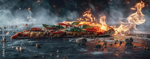 Delicious slice of pizza with vibrant toppings in a fiery setting, resting on a dark surface, surrounded by smoky flames.
