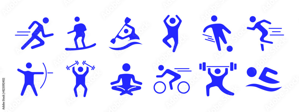 Sport set icon. Running, surfing, kayaking, jumping, soccer, archery, weightlifting, yoga, cycling, swimming. Physical activity and fitness concept.