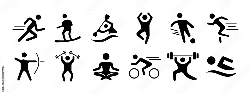Sport set icon. Running, surfing, kayaking, jumping, soccer, archery, weightlifting, yoga, cycling, swimming. Physical activity and fitness concept.