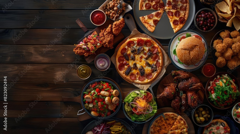A variety of delicious fast food items including pizza, burgers, fried chicken, and more, arranged on a wooden table.