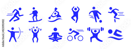 Sport set icon. Running  surfing  kayaking  jumping  soccer  archery  weightlifting  yoga  cycling  swimming. Physical activity and fitness concept.