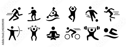 Sport set icon. Running, surfing, kayaking, jumping, soccer, archery, weightlifting, yoga, cycling, swimming. Physical activity and fitness concept.