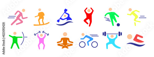 Sport set icon. Running, surfing, kayaking, jumping, soccer, archery, weightlifting, yoga, cycling, swimming. Physical activity and fitness concept.