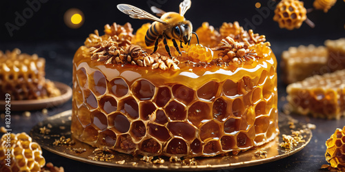 Symbols of birthday celebration:Honeycomb cake, caramelized honey, bee decorations, honey drizzle, crushed honeycomb, gold foil photo