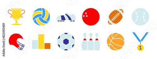 Sports set icon. Trophy, volleyball, soccer cleat, bowling ball, football, baseball, helmet, podium, soccer ball, bowling pins, basketball, medal. Sports and competition concept.