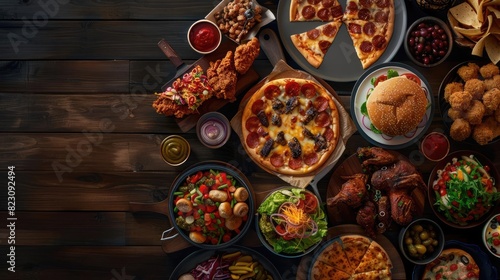 A variety of delicious fast food items including pizza, burgers, fried chicken, and more, arranged on a wooden table.