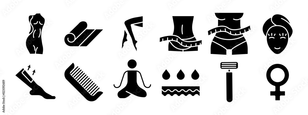 Beauty and wellness set icon. Female body, yoga mat, legs, waist with measuring tape, face with towel, waxing, comb, yoga, water drops, razor, female symbol. Health and self-care concept.
