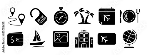 Travel set icon. Location pin, do not disturb sign, stopwatch, palm trees, calendar, plate, wallet, sailboat, photo, hotel, airplane ticket, globe. Tourism and vacation concept.