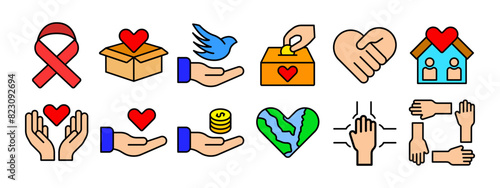 Charity set icon. Ribbon, donation box, peace dove, hands holding heart, house with heart, coins, Earth heart, teamwork, support. Charity and kindness concept.