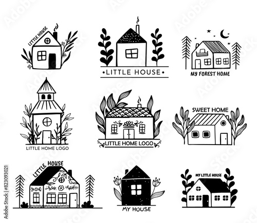 Collection of the hand drawn home, house logos, icons. Cottage vintage style with plants, tiny hand drawn houses. Village buildings, architecture nature elements.