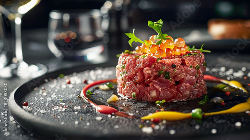 Food illustration, ostrich meat tartare in rustic style. Unusual serving of steak. In a high-class restaurant. photo