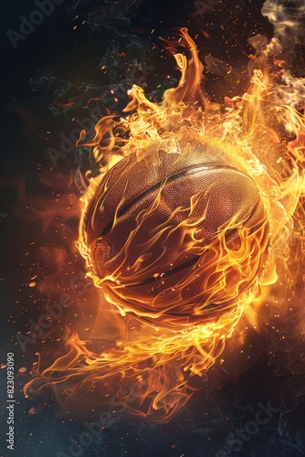 A detailed shot of a basketball ablaze  with the intricate patterns of the flames wrapping around the ball  all set against a deep black backdrop for dramatic effect