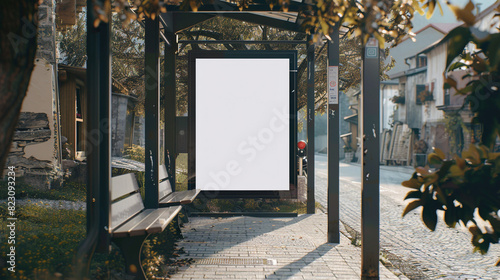 Vertical blank billboard mock-up at a bus stop in a quaint village setting, distinctive.