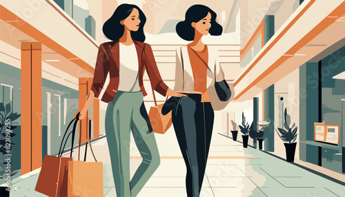 Two women shop in the mall. Shopping, gifts, lifestyle concept. Vector illustration template.