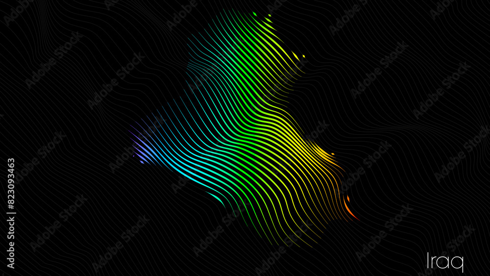 A map of Iraq is presented in the form of colorful vertical lines against a dark background. The country's borders are depicted in the shape of a rainbow-colored diagram.
