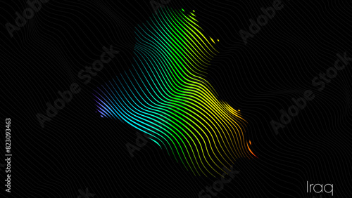 Obraz na płótnie A map of Iraq is presented in the form of colorful vertical lines against a dark background. The country's borders are depicted in the shape of a rainbow-colored diagram. w salonie