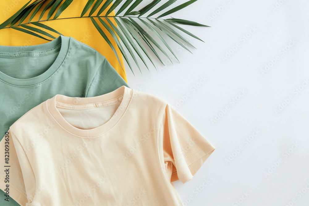 Cozy Cotton TShirts Pastel Green Peach with Tropical Leaf Background Cozy Cotton TShirts Pastel Green Peach with Tropical Leaf Background
