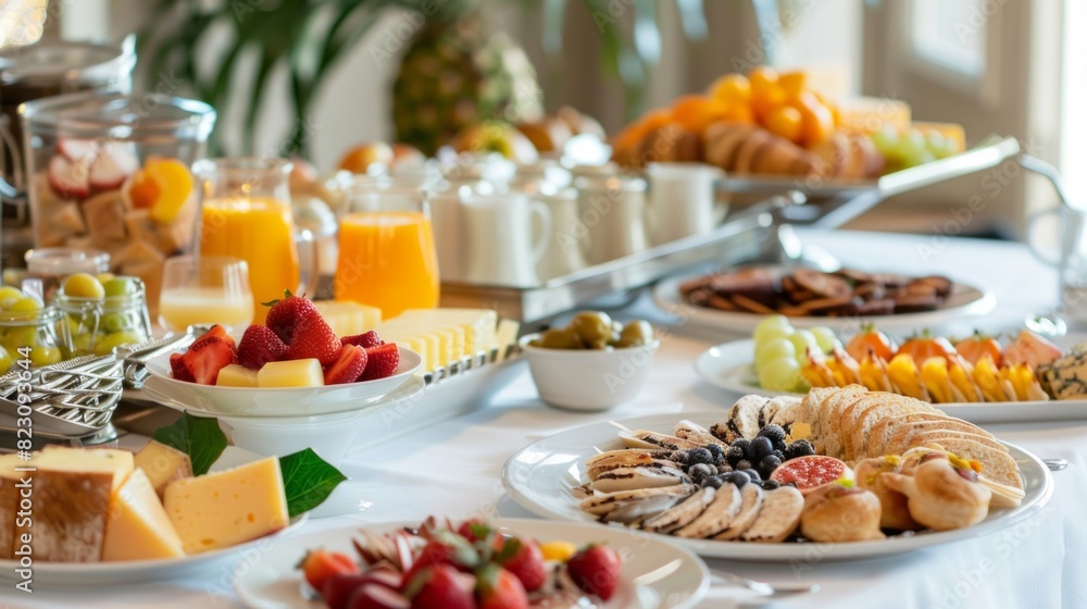 An elegant hotel breakfast buffet with an assortment of pastries, cheeses An elegant hotel breakfast buffet with an assortment of pastries, cheeses